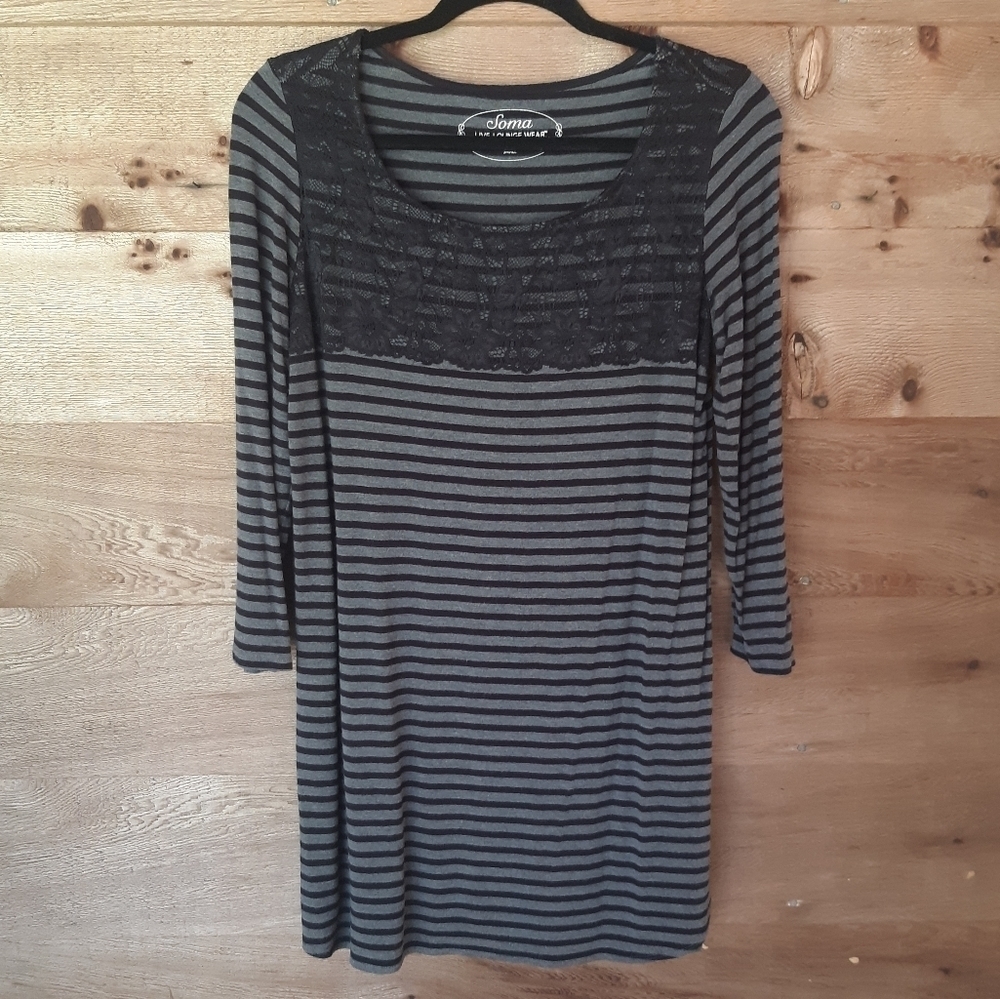 Soma Gray and Black Lace Top Lounging Dress Small